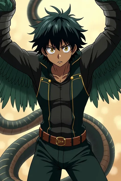 Screenshot of My hero academia Boy with somewhat long black hair ,
Dark-skinned man with black and golden eyes,
His gift is the wings of a quetzal and the tail of a snake. He measures 1.50