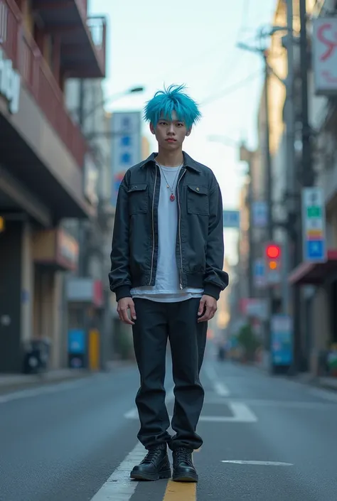 man, high, blue hair combined with pink, pink eyes, clear skin, Whole body, standing alone on the street, serious