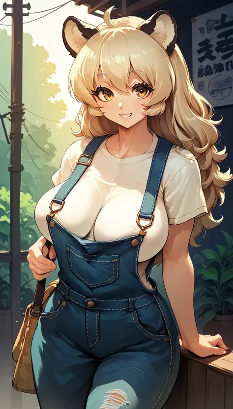 a cute kemono bear, wearing mechanic's overalls, baggy, thicc body, big breasts, smiling, anime style, digital art, highly detai...