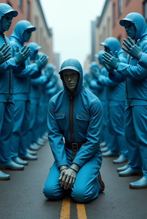 Male mannequin in traffic suit sad on knees crushed by sad blue birthday cakes clapping hands