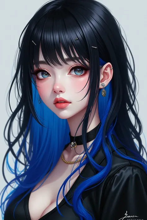 woman with long black and blue hair and piercings posing for a photo, with black and blue long hair, with long black and blue hair, perfect black haired girl, ava max, tifa lockhart with black  hair, pale porcelain white skin, anime girl in real life,  wit...