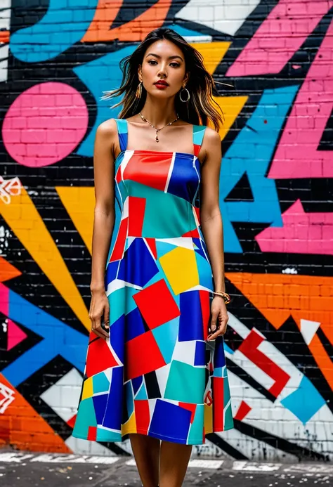 A 90s street photographer in Santiago portraits a confident model in front of abstract graffiti made only with straight and colorful shapes. The dress creates an amazing blend in color and form, intricate details, tokyo fashion week,