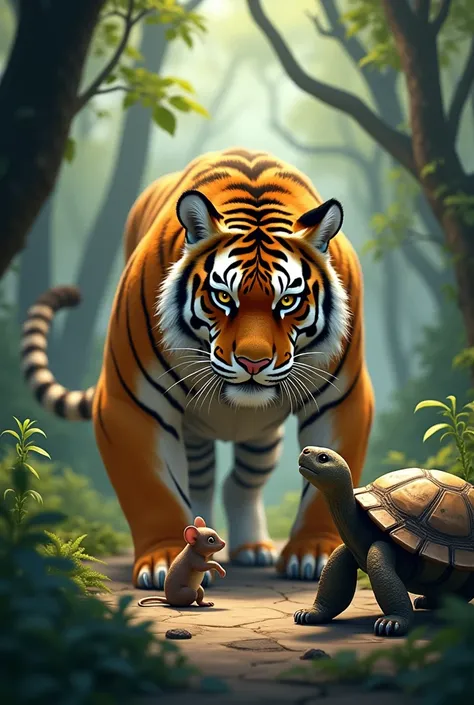 Sequence The tiger gives the mouse a push.
The mouse cries and gets scared.
The turtle talks to the tiger.