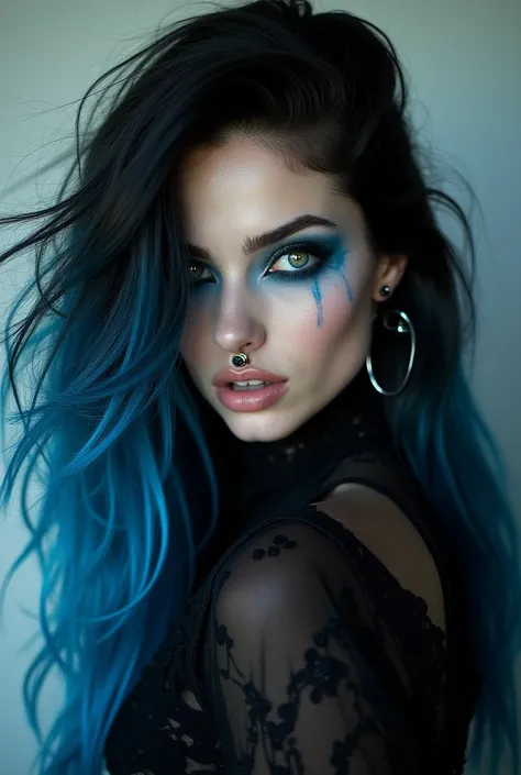 woman with long black and blue hair and piercings posing for a photo, with black and blue long hair, with long black and blue hair, perfect black haired girl, ava max, tifa lockhart with black  hair, pale porcelain white skin, girl in real life,  with blac...