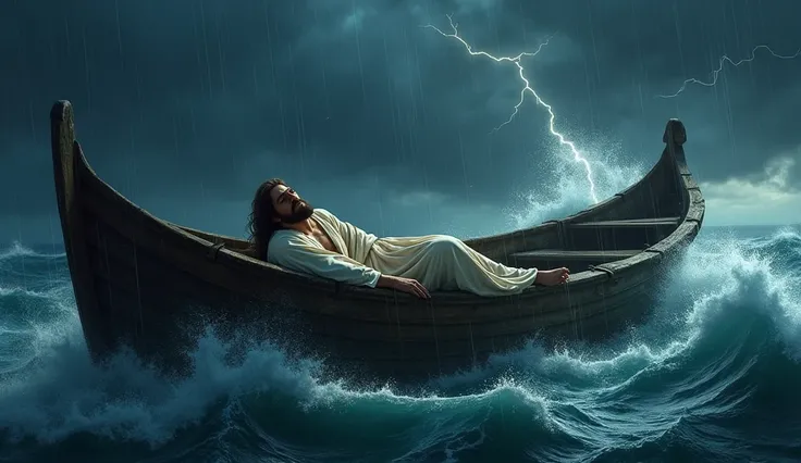 Jesus sleeping on a big boat in the middle of a storm