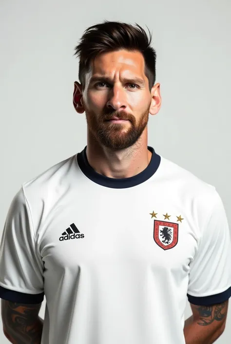 lionel messi with the shirt of the colo colo club from the country of chile it is a full white shirt with the adidas logo on the left and with the colo colo logo on the right which is an indian and below the indian it says colo colo, and the collar of the ...