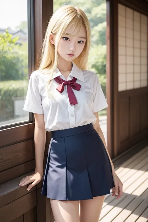 Real Stick,８KCG,High resolution,Create a photo of a Korean Asian teenager,beautiful girl, ((blonde)),,Narrow eyes:1.5,Slim face,Underarm,Small face,Slim face,question,Back to School, High resolution, masterpiece, Ultra-fine detail, View from below, Age Dow...