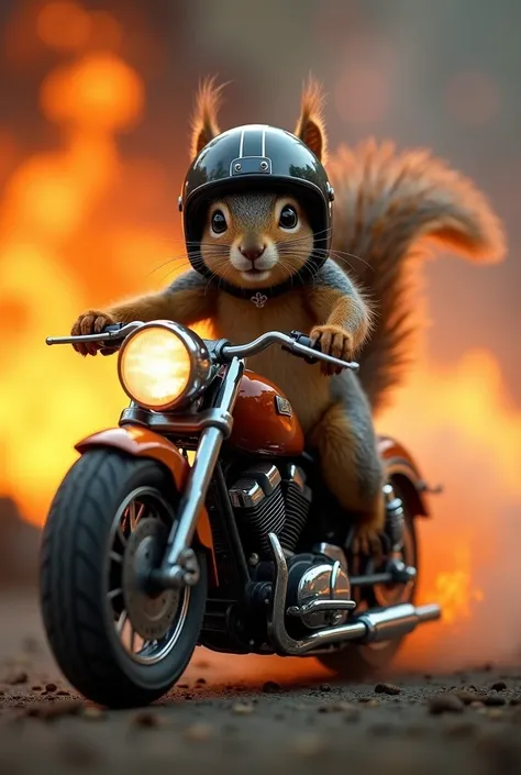 Squirell in a motorcycle with helmet and fire in the background 