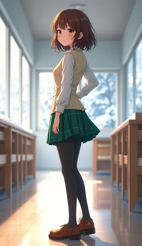 A 20 year old anime style girl like Bing, 8k image, aisle, white school, wooden floor, tokyo city, Through the windows you can see the tops of the trees covered in snow in the afternoon, mide 170 cm, Its measurements are B 70, A 35, H 90; 35 CM long tobacc...