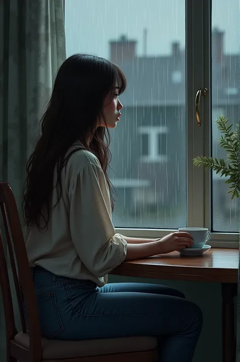 create an illustration of a beautiful woman, Very long and very straight dark brown hair , She is a beautiful brunette ,  with a blouse and jeans, He is at home and looks out the window, it is raining, he is very sad and crying, looking at two cups of coff...