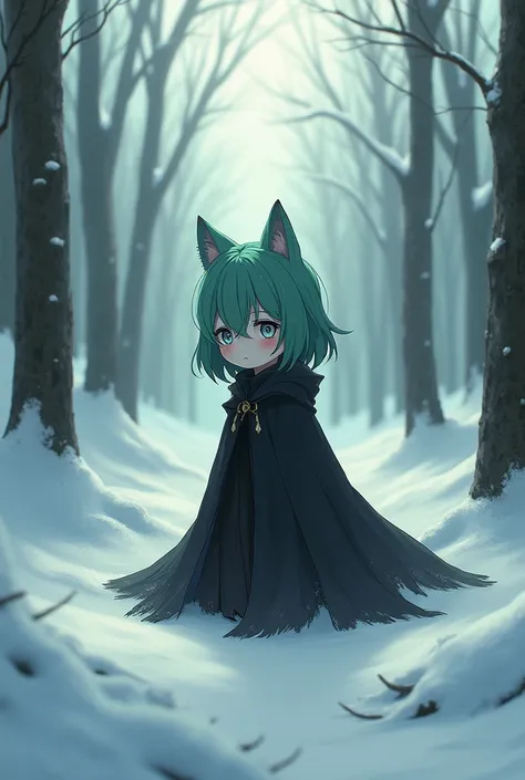 anime, small stature,  ,green hair, grey eyes, dark clothes, wolf ears, empty expression and no feelings, winter forest background