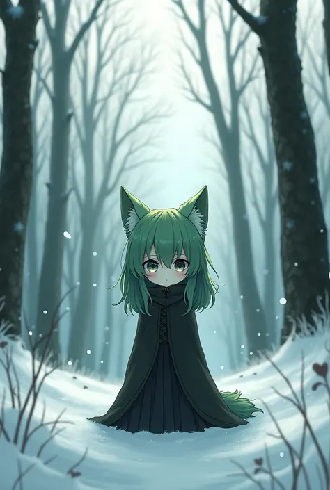 anime, small stature,  ,green hair, grey eyes, dark clothes, wolf ears, empty expression and no feelings, winter forest background