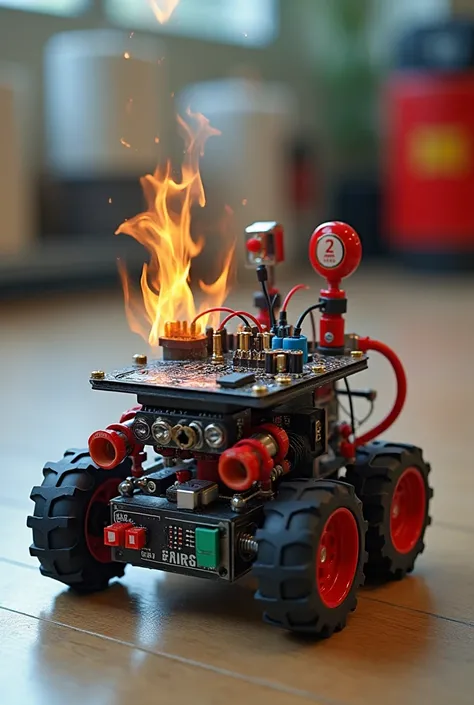 A wheeled robot that is built with electronic components like an Arduino Uno , a driver  , a 12v battery of 1.3 amp with water tank and a 12v non-submersible pump that is connected to a water sprayer for a school electronics project and is putting out a fi...