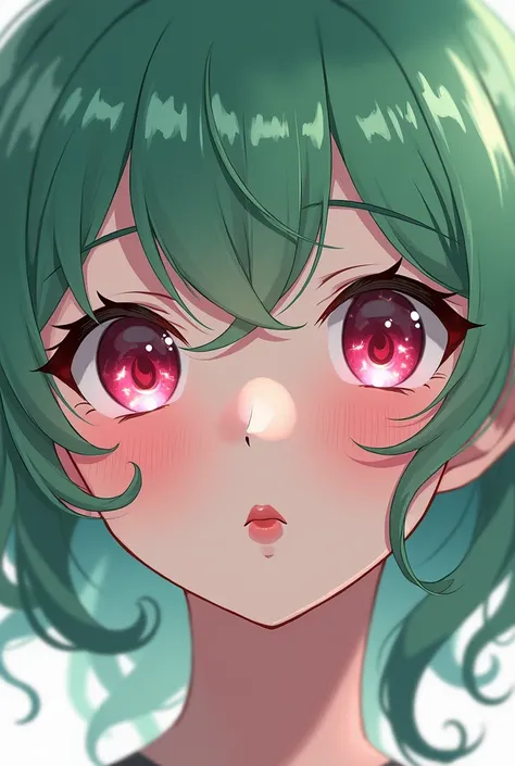 a beautiful anime girl with big pink eyes with sparkles, green hair with bangs, a mole below her lips and below her right eye