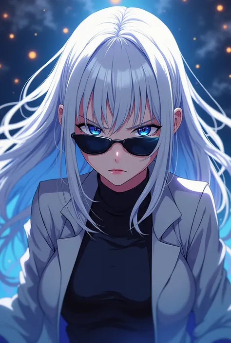 Girl with long white hair, big bright blue combat eyes, Satoru Gojo&#39;s sister and Jujutsu Kaisen anime style and that she looks like Satou Gojo and is of legal age so that she doesn&#39;t have a girl&#39;s face, put sunglasses on her 