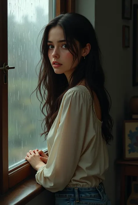 create an illustration of a beautiful woman, Very long and very straight dark brown hair , She is a beautiful brunette ,  with a blouse and jeans, He is at home and looks out the window, it is raining, he is very sad and crying,