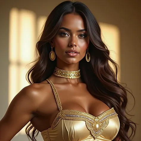 A close up of a woman wearing a gold choker necklace and a collar, Isabela Moner, portrait of demi rose, clear portrait of demi rose, portrait of half rose, Beautiful latin face, Taweel-tanned Ameera, indian girl with brown skin, maya, Portrait Sophie Mudd...