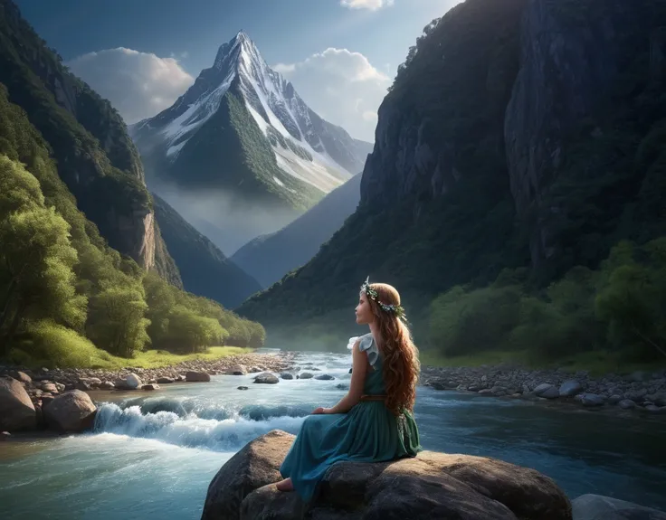 mountain, girl, river, fairy