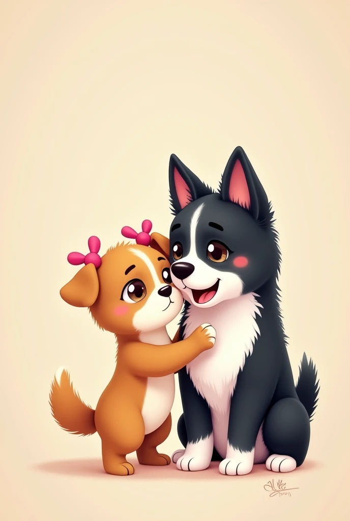 Create an image, with a little dog Stishu with caramel colored fur and hair tied with pink pigtails on her head, along with a black male dog with white paws and belly.