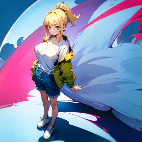 1 girl, green eyes, ponytail with bangs, blonde, very very big breasts, wearing white sweatshirt with low cut, denim shorts, petite, (Monte Olympus background, 8K, HDR, anime, full body,)