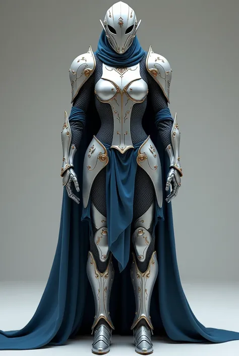 Armor made to be flexible and provide mobility made of titanium and ferroniobium (chest helmet gauntlets and boots) boots divided into two parts covering the thighs up to the waistline Silver and blue tones armor for thin people Ornate design inspired by G...