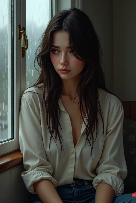 create an illustration of a beautiful woman, Very long and very straight dark brown hair , She is a beautiful brunette ,  with a blouse and jeans, He is at home and looks out the window, it is raining, he is very sad and crying,