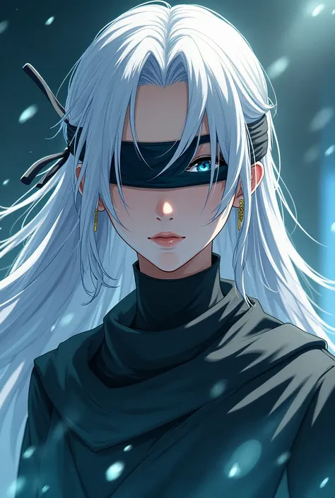 Girl with long white hair, big bright blue combat eyes, Satoru Gojo&#39;s sister and Jujutsu Kaisen anime style and that she looks like Satou Gojo and of legal age that she doesn&#39;t have a girl&#39;s face and put a blindfold on her