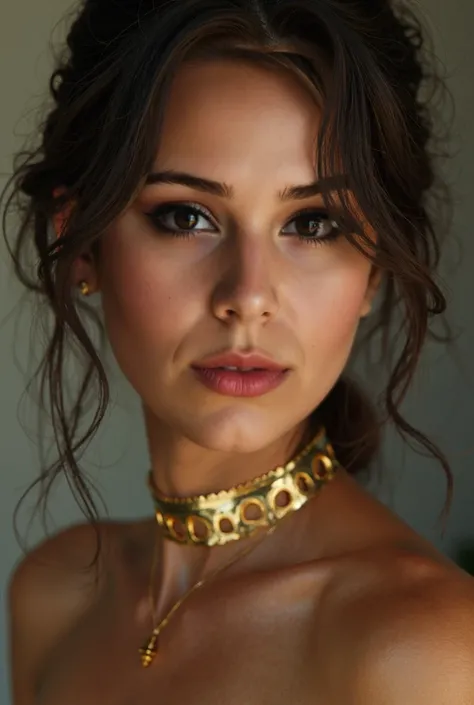 A close up of a woman wearing a gold choker necklace and a collar, Isabela Moner, portrait of demi rose, clear portrait of demi rose, portrait of half rose, Beautiful latin face, Taweel-tanned Ameera, indian girl with brown skin, maya, Portrait Sophie Mudd...