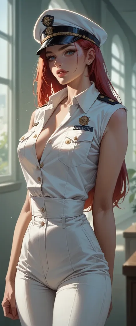 katrina wears a crisp white naval officer&#39;s uniform, with a sexy white sheer lingerie with fishnet stockings and gold detail...