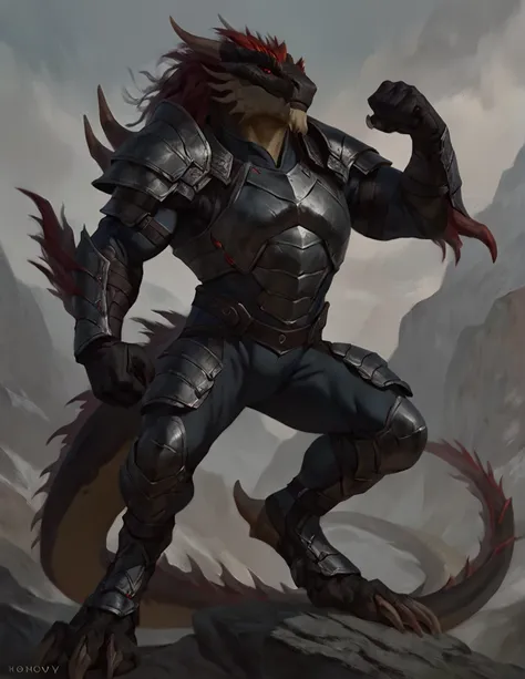 a ferocious male dragonborn, solo, muscular detailed body, athletic, badass pose, full body, dark color body, scalie, red eyes, ...