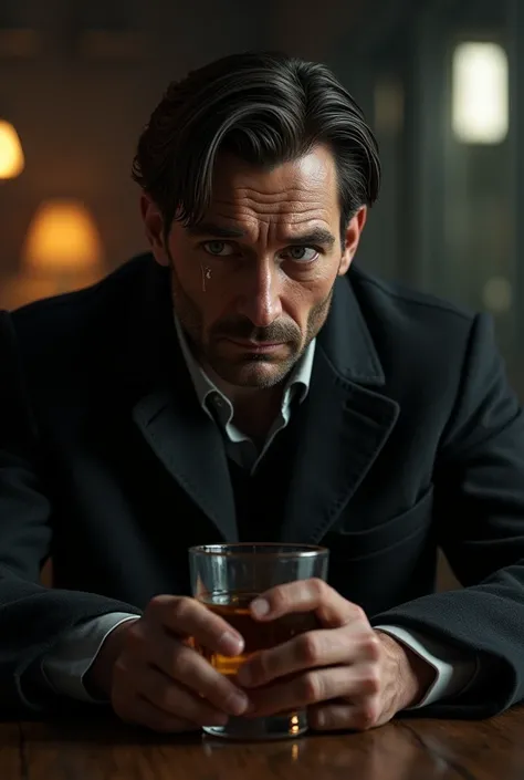 Tomas SHELBY the character from peaky blayders sitting with a glass of whiskey and tears running down his face, I want to look like the actor in the series 