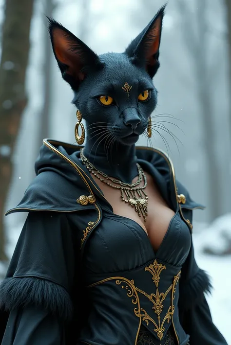 (A Khajiit-Females face with) beautiful detail yellow eyes, beautiful detailed lips, Extremely detailed eyes and face, long eyelashes, Khajiit-Female with a seductive fitness body, (a black fur, with Lynx ears), ((wearing fantasy mage robes and many gold e...