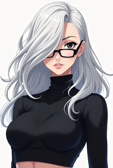 Alpha female, white hair, hair covering left eye, turtleneck revealing belly, square glasses, tall, cool, sharp, black eyes, hair covering eye, feminist, beautiful, anime