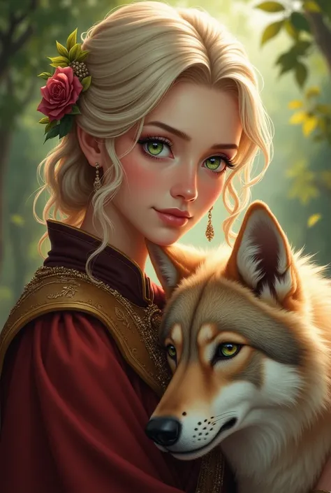 white skin woman, experienced and mature green eyes, an adult of about 20 years old. Your clothes are of noble origin, Brown and Red. shes mature, smart and maternal. There is always a wolf by your side. The setting is medieval fantasy. Non-realistic anime...