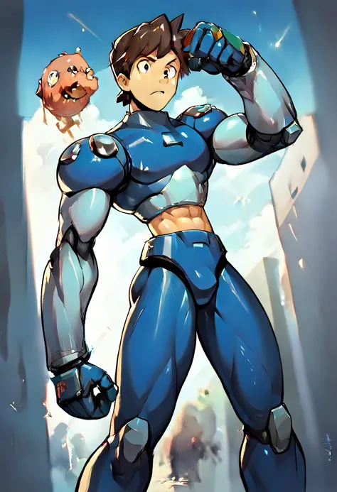 Highest quality,RAW Photos,Professional Art Works,Guts pose,m3g4m4n,Blue Armor,Muscular,Brown Hair, boy,