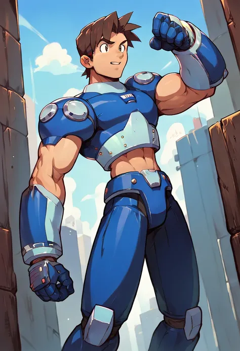 highest quality,raw photos,professional art works,guts pose,m3g4m4n,blue armor,muscular,brown hair, boy,