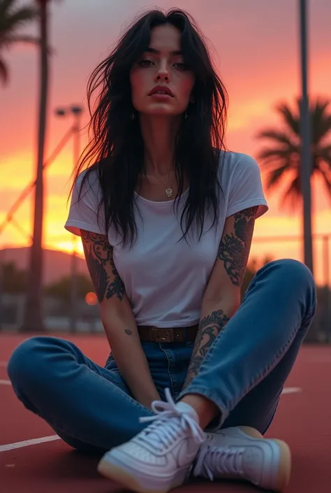 A beautiful realistic art rude black hair woman, tattoos, dressed in a white t-shirt and blue jeans , Nike Air Force One white tennis shoes playing on the court sitting in the background a beautiful sunset is the description of that