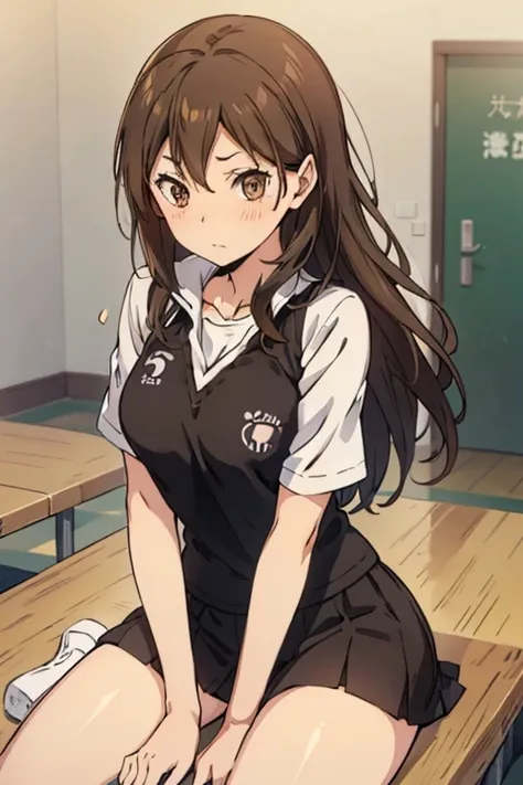 make me an oc of an anime called ハイキュー!!, her long, wavy brown hair, her honey-colored eyes with her karasuno school uniform