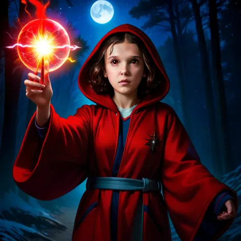 milli3 woman, millie bobby brown, 1 tough girl wearing red dark hooded silk wizard robe with glowing plasma flaming orb in her h...