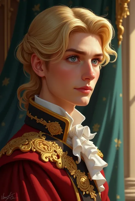 a blond prince on the side looking to his right side with an expression of wonder 