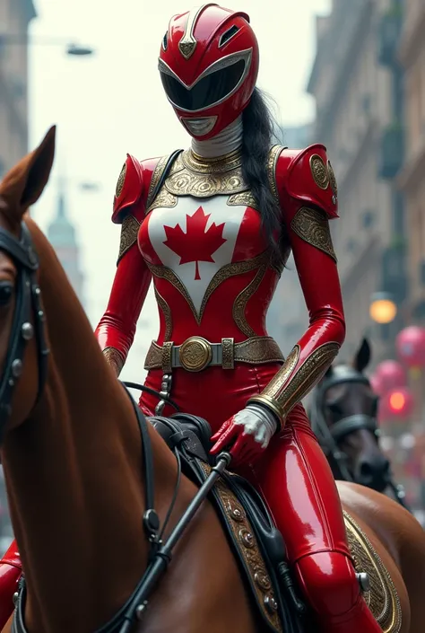 Female Power Ranger inspired by Canadian culture with helmet and no hair, mounted on a horse with a background of a horse with armor from Canada 