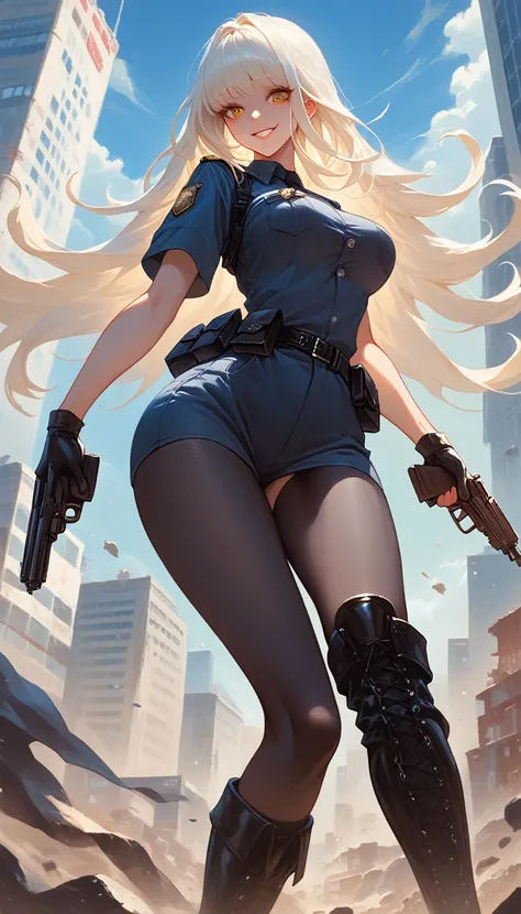 1girl, solo, blancrnd, (masterpiece, best quality), 8k, yellow eyes, white hair, long hair, hair intakes, bangs, wearing police ...