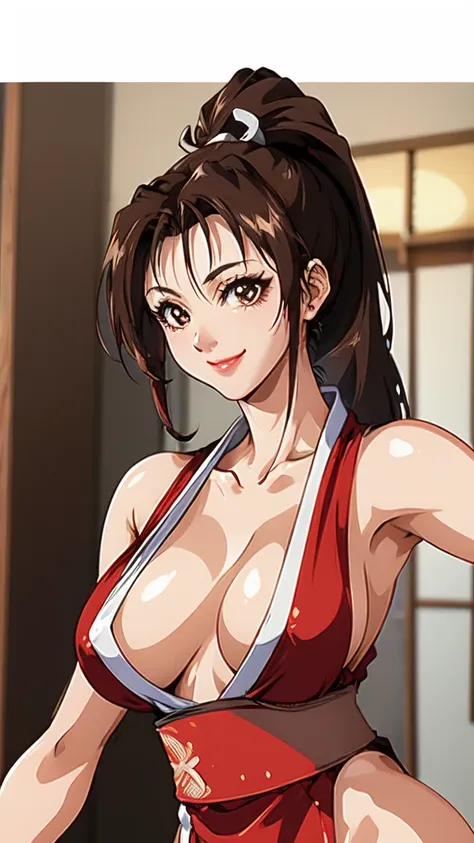 ((upper body、mai shiranui,ponytail,background is a japanese-style room in a japanese house:1.3)),upper body, looking at the audi...