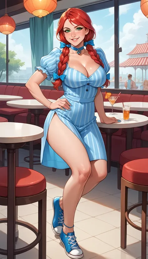 Americana,
Sentada com Pernas Abertas,
Corpo todo,
Vista Frontal,
Restaurante,
Wendy from Wendy’s standing in a restaurant, photorealistic, extremely detailed, extremely pale girl, ginger, red hair, pigtails tied with light blue ribbons, green eyes, freckl...