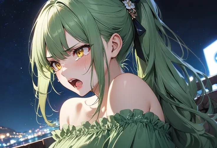 (Delicate and beautiful depiction style), (solo:2, 15 yo) (beautiful detailed ponytail) (beautiful glossy green hair long hair, beautiful hair accessories) (best sadness girl) (sexy detailed yellow eyes), ((glossy lip, beautiful make up)), (angry:1.2 face ...