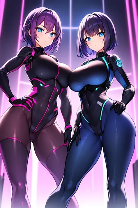 2girls, twins, sister, purple hair, very short hair, blue eyes, bodysuit, black bodysuit, serious, large breasts, thick thighs, futurístic, tech, science-fiction, machinery, toned, hourglass figure, mature female, neon trim, neon lights, long sleeves, pant...