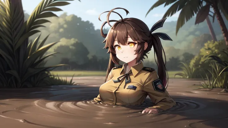 m14 (girls frontline), brown shirt, ahoge, brown hair, eyebrows visible through hair, medium breasts, long sleeves, multicolored hair, ribbon, twintails,two-tone hair,yellow eyes, partially submerged, in mud, flooding up to the chest, upper body, military ...