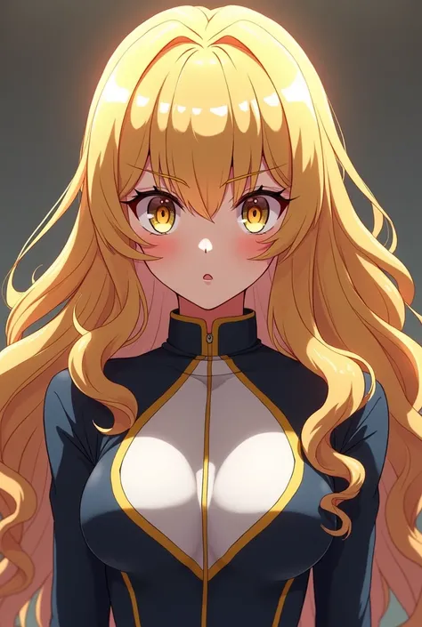 Blonde girl from the anime My Hero Academia with the UA hero school uniform with long blonde hair, curly hair, big breasts and light honey eyes and with a serious personality