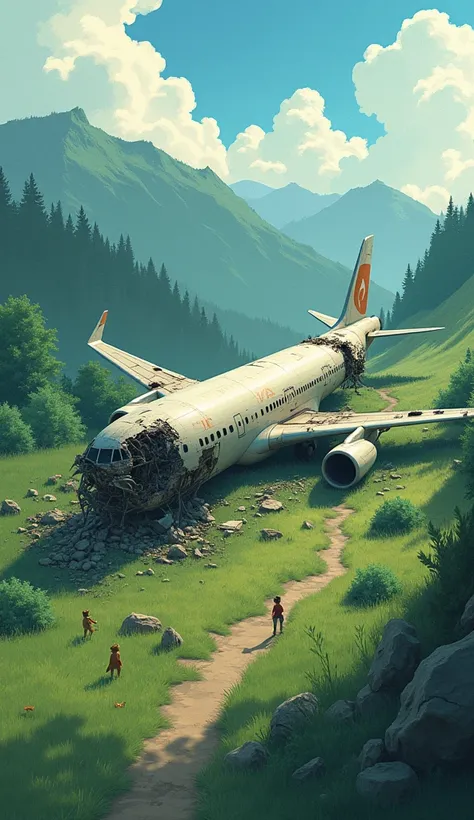 Drone view of Boeing plane wreckage, studio ghibli art style