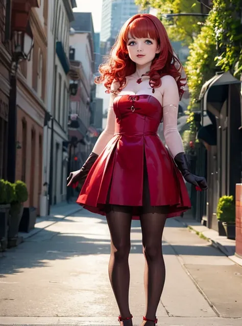 melissa rauch, vampire girl, very curly red  hair, tiny gothic minidress, white pantyhose,     satin elbow gloves,  shoes,  sun ...